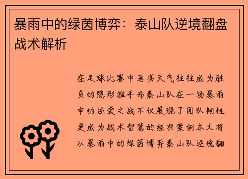 暴雨中的绿茵博弈：泰山队逆境翻盘战术解析